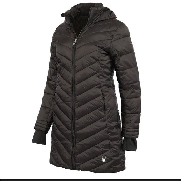 Spyder Boundless Long Black Full-Zip Hooded Insulated Puffer Coat‎ Girls Medium - Picture 1 of 10